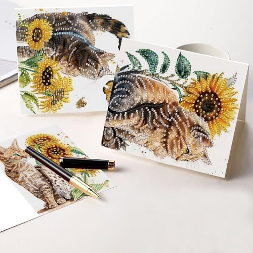 AiYuanzsh 6-Pack 5D Diamond Painting Greeting Cards with Envelopes, Cat Sunflower Pattern DIY Crystal Rhinestone Diamond Art Cards, Laser Effect Postcards for Birthday, Thank You, and Gift Giving