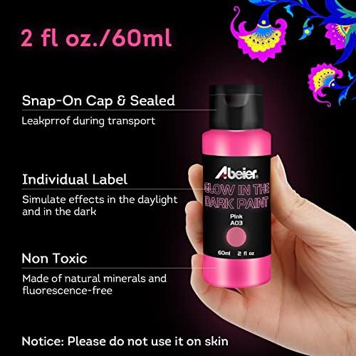 ABEIER Glow in the Dark Acrylic Paint Set, 10 x 2 oz, Blacklight