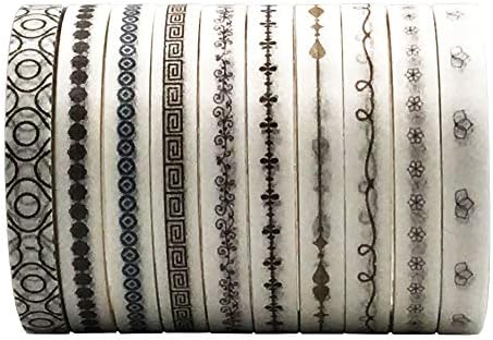 Vintage Pattern 5mm Wide Skinny Washi Tape Set, 10 Rolls Minimalist Japanese Masking Decorative Tapes for Bullet Journal Planners DIY Decor Crafts Arts Scrapbooking Adhesive