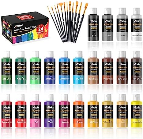 ABEIER Acrylic Paint Set, 24 Colors 2oz, 12 Brushes, Non-Toxic, Waterproof