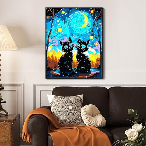 Yunnuo Paint by Numbers Kit for Adults Two Black Cat, Adult Paint by Number Kits Animals and Starry Night,DIY Paintwork with 3 Paintbrushes and Acrylic Paints,Perfect for Home Wall Decor 16x20 Inch