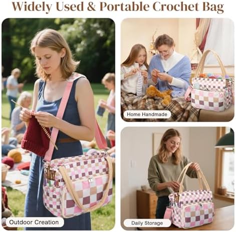 DALINDA Crochet Bag Organizer,Yarn Bag and Tote- Yarn Storage with Multiple Pockets for Crochet Supplies, Knitting Bag for Gifts,Portable & Durable(Beige Pink Plaid)