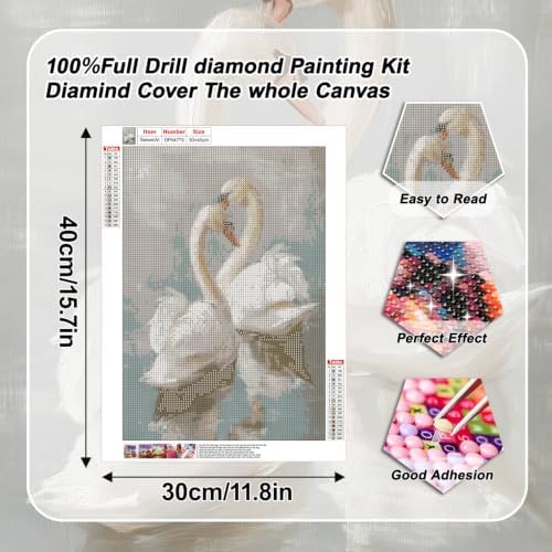 VeGuude Diamond Art Kits for Adults, Full Drill Classical Swan Diamond Painting Kits for Beginners, DIY Swan Vintage Art Full Rhinestone 5D Diamond dots, Home Wall Decoration (12x16 inch)