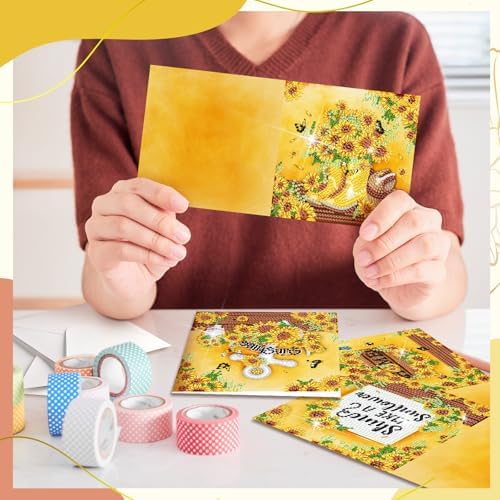 Saillong 12 Pack Sunflower Diamond Painting Greeting Card Kits DIY Diamond Art Cards with Envelopes Summer Flowers Gnome 5D Rhinestones Painting Card for Adults DIY Crafts Family Friend Birthday Gifts