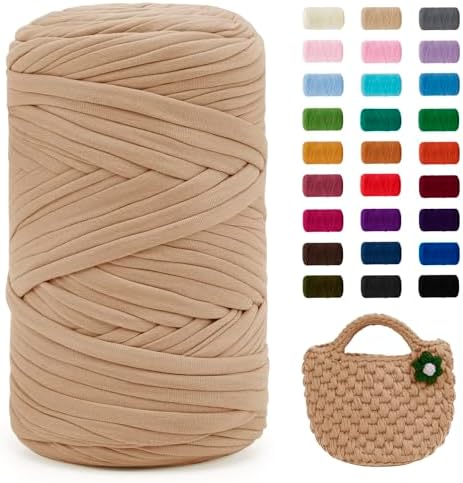 JeogYong T-Shirt Yarn, 400g/131 Yards Elastic Fabric Crochet Cloth T Shirt Yarn, Thick Hand Knitting Polyester Fabric Ribbon for Crocheting Bags/Baskets/Rugs, Home Decor, DIY Crafts (Khaki)