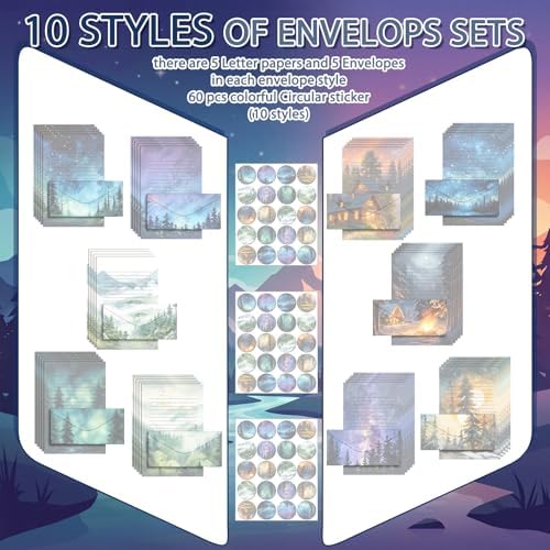 TaoBary 160 Pcs Stationery Paper Kit 50 Double Sided Stationery Papers with 50 Matching Envelopes and 60 Round Dot Sticker, 10 Design(whimsical Watercolor Illustration Starry Night, 8.5 x 11 Inch)