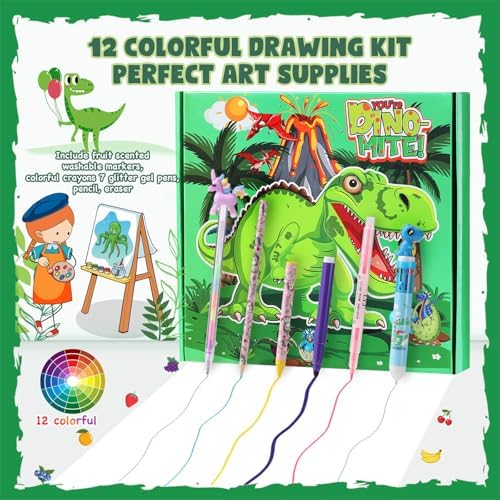 DOKKIA Fruit Scented Coloring Pens Markers Set 65 PCS Art Craft Drawing Case - Washable Kits Pencil,Gel Pen,Crayon&Coloring Book Supplies Dinosaur Dino Green