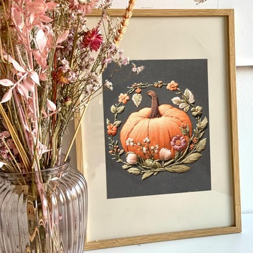 FONNUY Pumpkin Embroidery Kit for Beginners, Pre-Stamped Pattern Kits for Adults with Hoop, Easy to Follow Color Thread Needlework, 8'' Hoop (Orange)