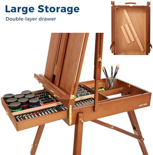 VISWIN French Easel for Painting with Palette, Shoulder Strap & Storage, Adjustable Beech Wood Travel Art Easel Stand, Portable Sketchebox Plein-Air Easel for Adults, Artists, Table Top & Floor Use
