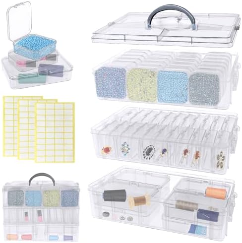 Guyuyii 58 Pcs Transparent Bead Organizer with Portable Handle and Labels