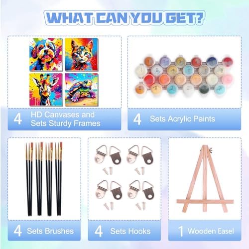 bleihum 4 Pack Paint by Numbers Kit for Kids with Frame Wooden Easel | Easy Paint by Number Kids Animals, Diy Acrylic Oil Colorful Painting by Numbers for Teen Boys Girls Home Decor 8x8Inch