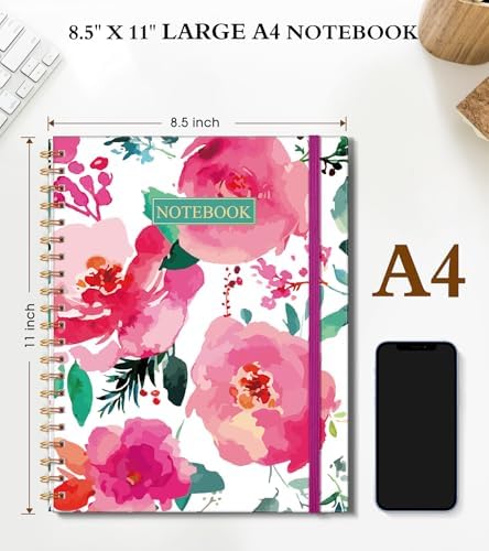 Spiral Notebook Journal 8.5” x 11”, A4 Large Notebooks for Women Men, College Ruled Lined Journal, 100 GSM Paper, Hardcover Spiral Bound Journals for Work School Note Taking, Watercolor Blooms