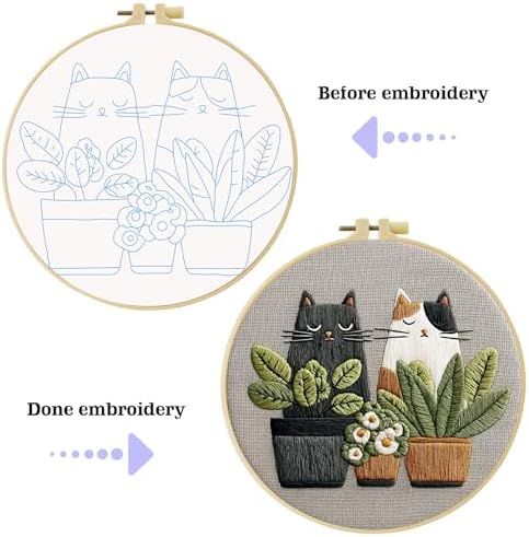 Cute Cat, Plants Patterns Embroidery Kits for Beginners,Adults Starter Cross Stitch Kit with Funny Animal Pattern,DIY Needlepoint Everything is Fine,Step by Step Instructions and Video Tutorial