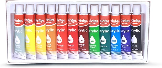 Pointer Art PRO Acrylic Paint Set – 12 Colors in 0.4oz (12ml) Tubes – Smooth & Creamy Texture – Ideal for Canvas, Paper, Cardboard, and Crafts