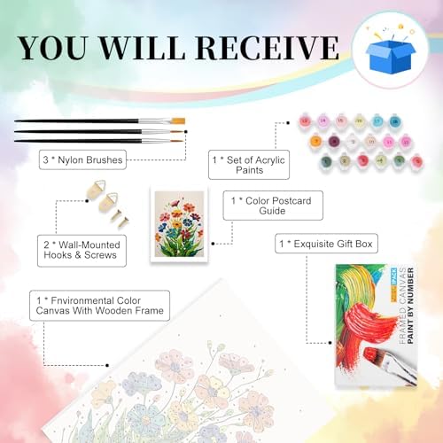 Camocin Framed Paint by Numbers Kit for Adults Beginner - Colorful Easy Flowers Paint by Number Canvas with Frame, Floral DIY Acrylic Painting Kit for Relaxing Home Wall Decor 12x16 Inch