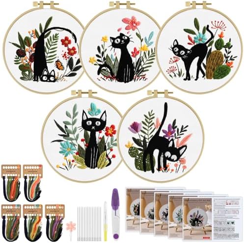 ERKOON 5 Sets Embroidery Kit for Beginners Adult Cat Cross Stitch