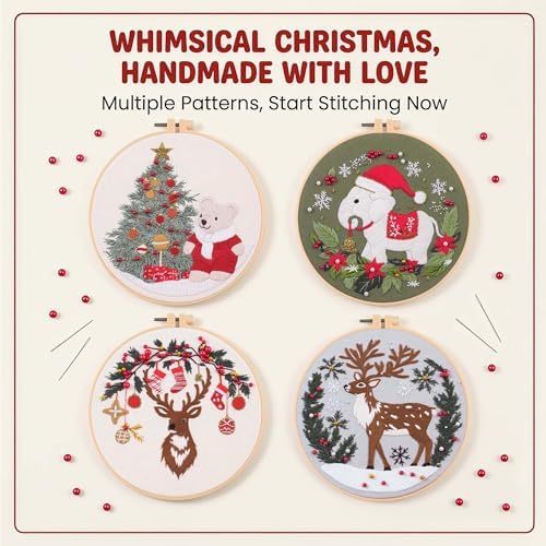 Harimau Adult Beginner Embroidery Starter Kit for Christmas Patterns, Complete Set with 4 Patterns, 2 Hoops, Needles, Scissors, Instruction Guide & Stitching Video Tutorials