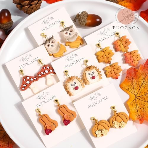 Puocaon Fall Polymer Clay Cutters - 15 Pcs Fall Themed Pumpkin Maple Leaf Mushroom Owl Fox for Earrings Jewelry Making Autumn Clay Earrings Cutters