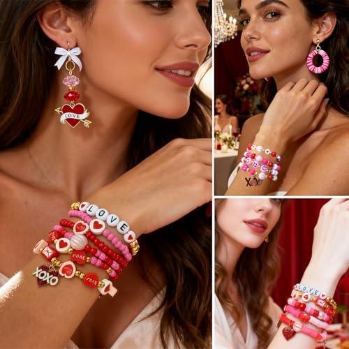 1900PCS+ Valentine’s Day Beads for Bracelets Jewelry Making Kit, Pink Red Polymer Clay Beads Assorted Pearl Crystal Star Heart Bead Acrylic Spacer Bead XOXO Heart Charms for Women Necklace DIY Crafts
