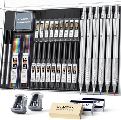 STAGEEK 35PCS Mechanical Pencil Set, 0.5 0.7 0.9 2.0mm Art Pencils, Silver