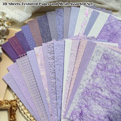 30 Sheets A5 Pastel Lilac Textured Scrapbook Paper & Mesh Fabric