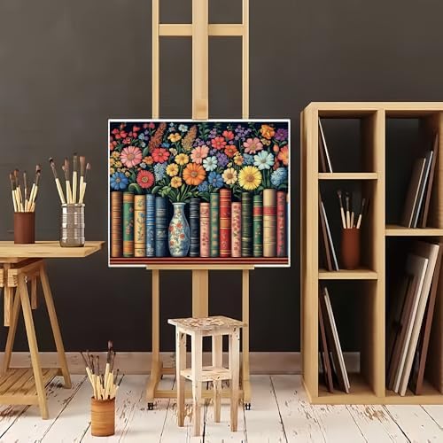 Natuyalo DIY Painting by Numbers for Adults, Books and Flowers Paint by Numbers, 16x20 Inch Adults Paint by Number Kits on Canvas, Frameless Color by Number Acrylic Art Craft Kits