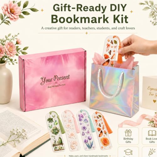 DIY Bookmark Making Kit, 20 Clear Acrylic Bookmark Blanks 5.9 x 2 in with PET Floral Bookmark Stickers, Tassels, Ribbons, Gift Bags, Bookish Gifts for Book Lovers, Book Club Crafts, Readers