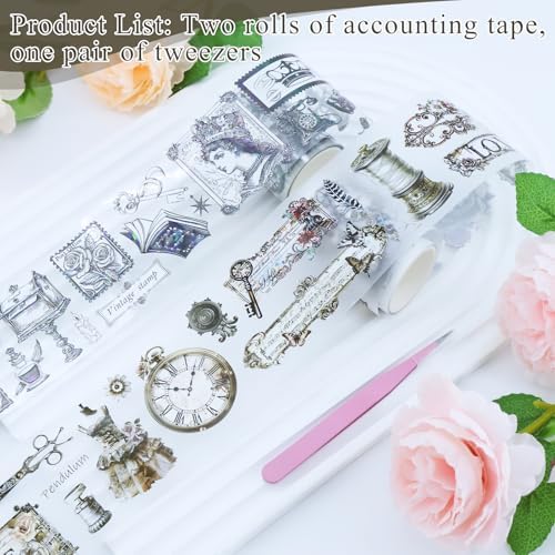 PET Tape Stickers for Journaling with Tweezers, Aesthetic Dreamy Smoke Ribbon Scrapbooking, Waterproof Transparent Washi Tape Stickers Gold Foil Decorative Decals for DIY Planner Crafts (3Pcs)