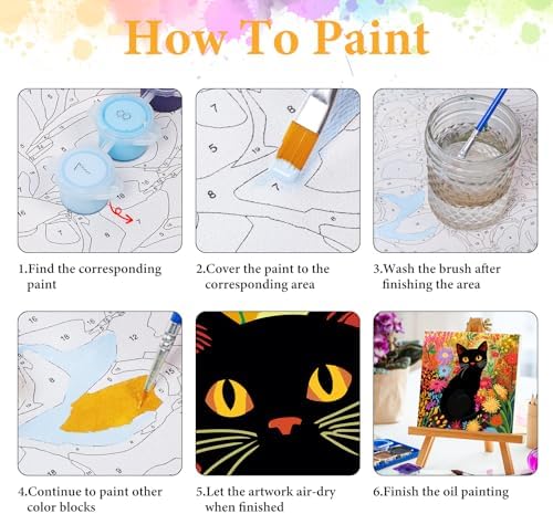 Framed Paint by Numbers Kit for Adults, Black Cat & Flower Decor 10x10 Inch