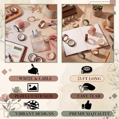 Chuangdi 9 Rolls Calendar Washi Tape Set,Pink, Green, Brown, Light Brown | Vintage Day Week Month Date Number Calendar Washi for Journaling, Planner Decoration, Journal Labels, Arts Crafts