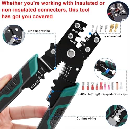 smseace Wire Crimping tool Wire crimper,stripper and cutter for insulated/Bare/Heat Shrink connectors(22-10 AWG) Multifunctional stripping crimping pliers (No connector included)