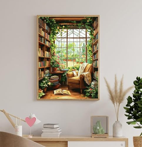 Accompany Wind Books Diamond Art Kits for Adults,5D Bookshelf Diamond Painting Kits for Beginners,DIY Round Full Drill Diamonds Gem Art Crafts for Home Wall Decor Gifts 12x16 Inch