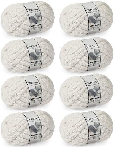 Cozyful Chunky Yarn for Hand Knitting, #9 Thick Jumbo Big Chunky Yarn for Crocheting, Super Chunky Knit Blanket Yarns, Large Chunky Chenille Yarns, 8 Pack (30 yds 8 oz Each Skein), Beige White
