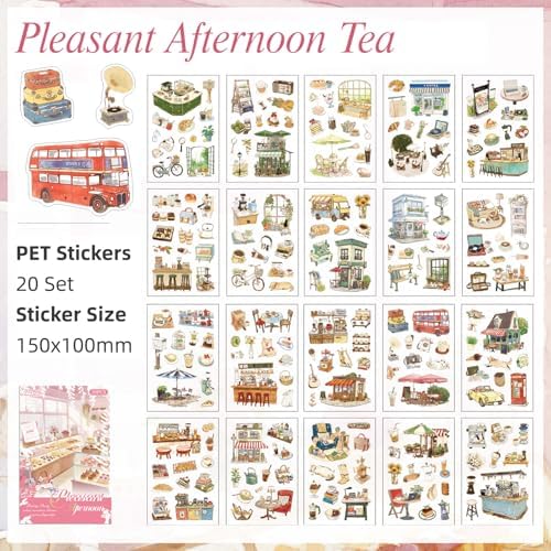 Afternoon Tea Series Sticker Scrapbooking Supplies for Junk Journal, 20 Sheets PET Stickers
