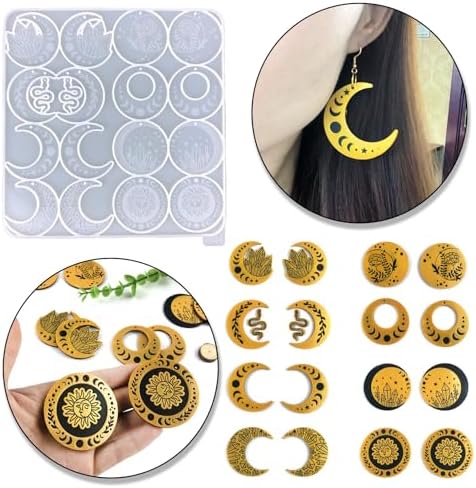 kingmise Celestial Moon Phase Resin Jewelry Mold Set, Crystal Snake Moon Earrings Silicone Mold, DIY Epoxy Resin Casting Molds with Accessories