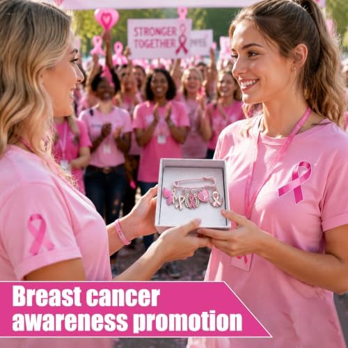 Breast Cancer Awareness Accessories DIY Pins Ribbon Brooches Craft Kit, 24 pink Safety Pins, 75 Enamel Charms, 100 Jump Rings, Pliers Tool, Pink Breast Cancer Survivor Gift for Women Girls Charity Month Party