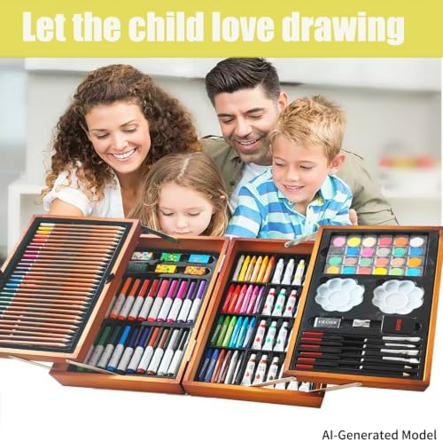 KINSPORY Art Sets, 139 Pack Painting Drawing Art Supplies Kit with 2 Sketch Pads, Deluxe Double Layers Crafts, Colored Pencils, Oil Pastels, Watercolor Paints, Gift for Artists Kids (Brown)