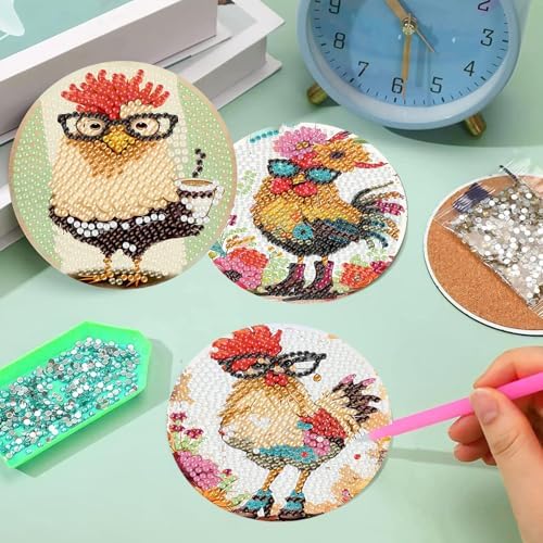 Diamond Art Coasters Kit, 8 Pieces Chicken Diamond Painting Coasters Kit