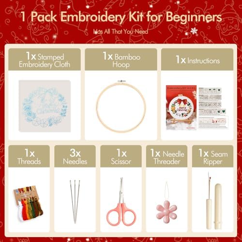 wtisan Christmas Embroidery Kit, Cross Stitch Kits for Beginners, Needlepoint with All Tools & Instructions, Stamped Hand Embroidery Starter Kit for Holiday Crafts & Xmas Home Decor, W14