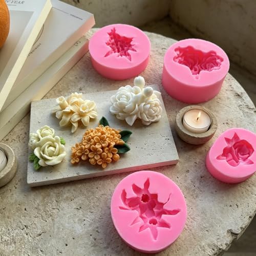 4 Pcs Flower Silicone Molds, Flower Candle Molds for Candle Making,3D Floral Silicone Resin Mold Rose Gardenia Fondant Mold for Chocolate Cake Decorating Soap Wax Resin Crafts