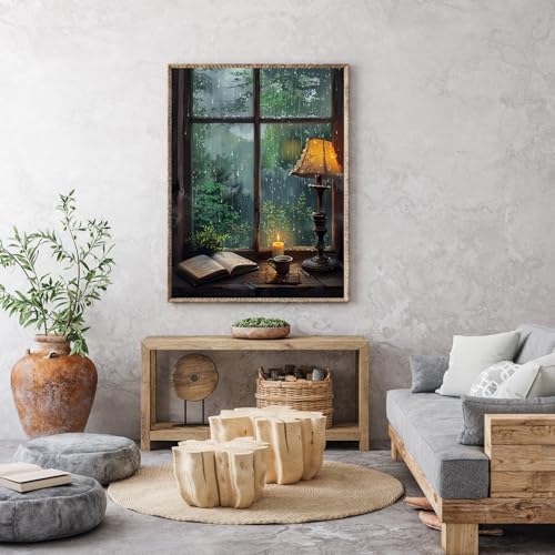 Rainy Windows Diamond Art Kits for Adults, Diamond Painting Kits for Adults for Beginners, DIY Diamond Dots Art Kits, 5D Full Round Drill Gem Art Painting Kits for Home Wall Decor, 12x16 inch