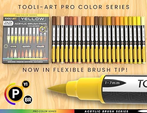 TOOLI-ART 22 Flexible Brush Tip Acrylic Paint Pens Markers Set 1-7mm Line for Rock Painting, Glass, Mugs, Wood, Metal, Canvas, Plastic. Non Toxic Waterbased Quick Drying Assorted Yellow