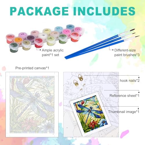 Paint by Numbers Kit for Adults, Dragonfly Stained Glass, 16 x 20 Inch | DIY Adult Paint by Number Kit on Canvas for Beginners, without Frame, Nature Wall Decor, Stress Relief Craft Gift