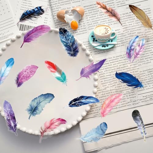 50 Pcs Transparency Feather Stickers, Aesthetic Plume Decals for Laptop Journal Scrapbooking Arts Crafts Planner Stationery Water Bottle Suitcase, PET Transparent Waterproof Sticker (Plumage)