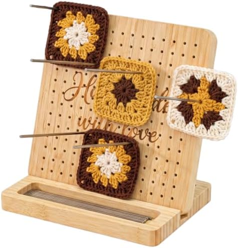 Bamboo Crochet Blocking Board with Stand, Pegs & Metal Pins, Granny Square Yarn Tool, Crochet Accessories for Knitting, Quilting Squares & Crocheter Gifts (Natural, Small)
