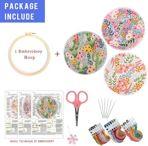 LB Pink Floral Embroidery Kit for Beginners Adults, 3 Sets Hand Embroidery Starter Kit with Cactus Flower Pattern and Instructions Stamped Cross Stitch Kits Include Embroidery Hoop Needles Threads