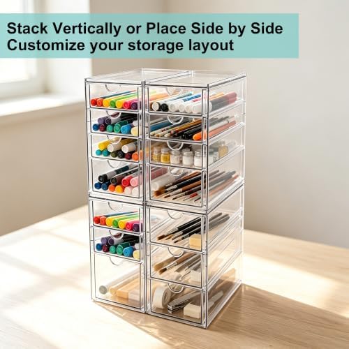Prsildan Acrylic Desk Organizers with 14 Drawers, Stackable Makeup Storage