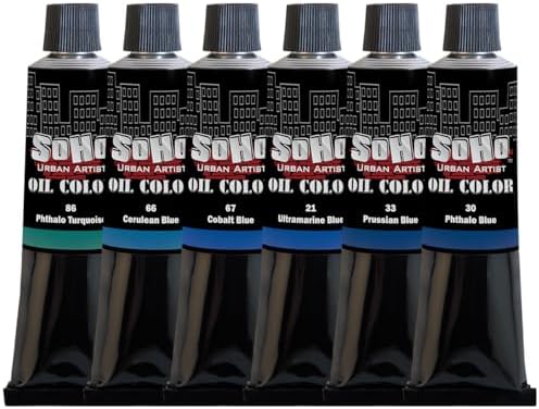 Soho Urban Artist Oil Paint Blues Set of 6-170 mL Tubes, Triple-Milled Oils with Refined Linseed - Smooth Application, True Color Mixes, Ideal for Brushes & Palette Knives