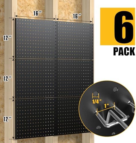 Spampur Peg Board, 6 Pack Metal Pegboard Panels with 50 Hooks