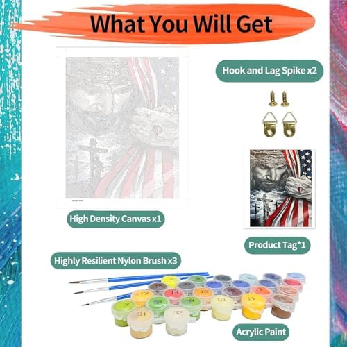 ajepon Independence Day Paint by Numbers Kit for Adults - Painting by Number Kits Jesus Christ, American Flag Adults Paint by Numbers Kits on Canvas Without Frame for Home Wall Decor 16X20inch